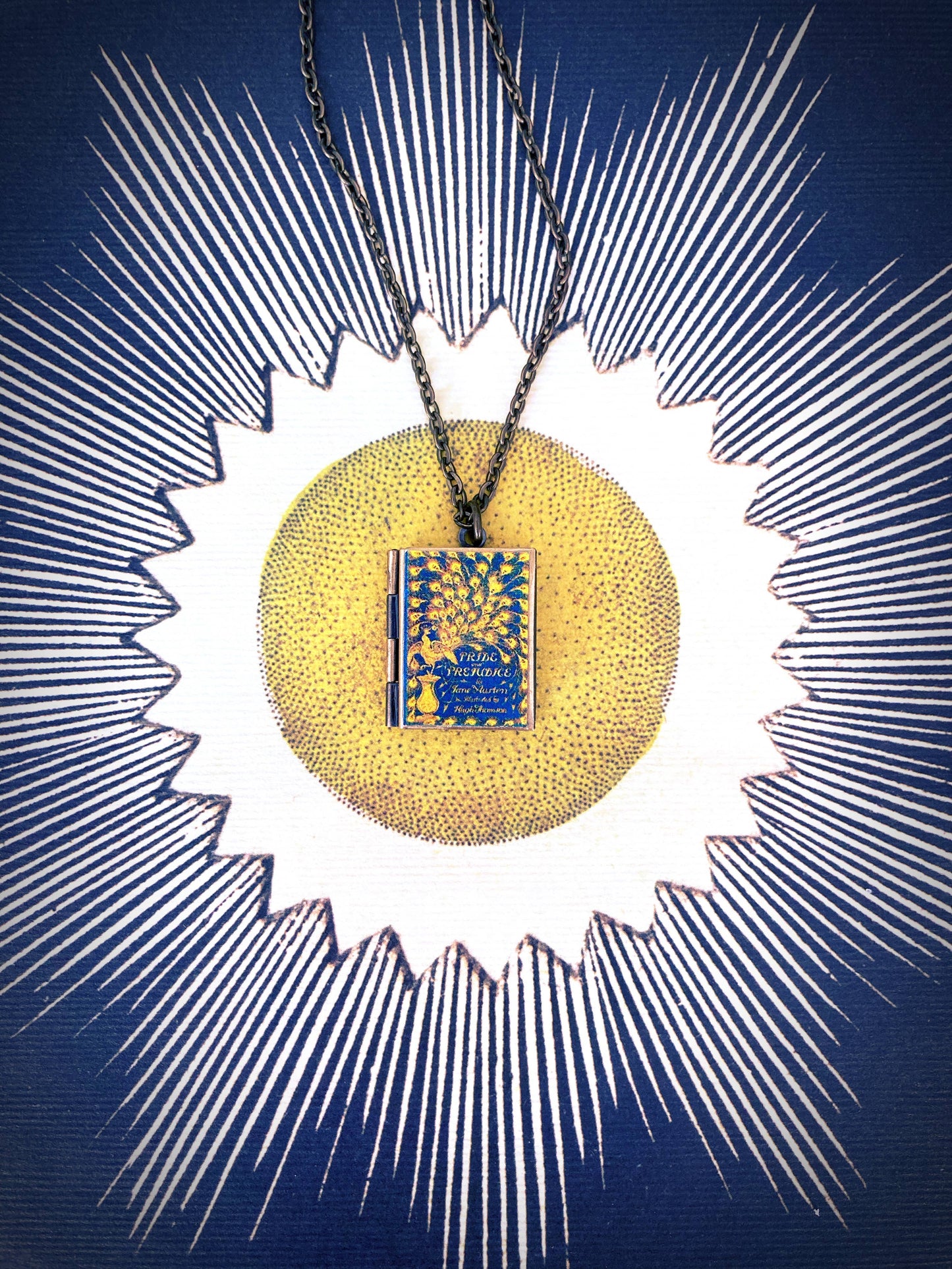 Book Locket Necklace - Pride and Prejudice - Vintage Peacock