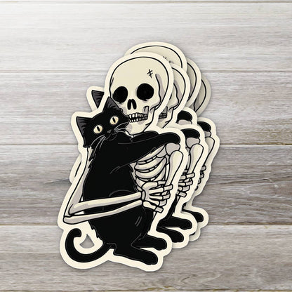 Skeleton Loving His Black Cat Sticker