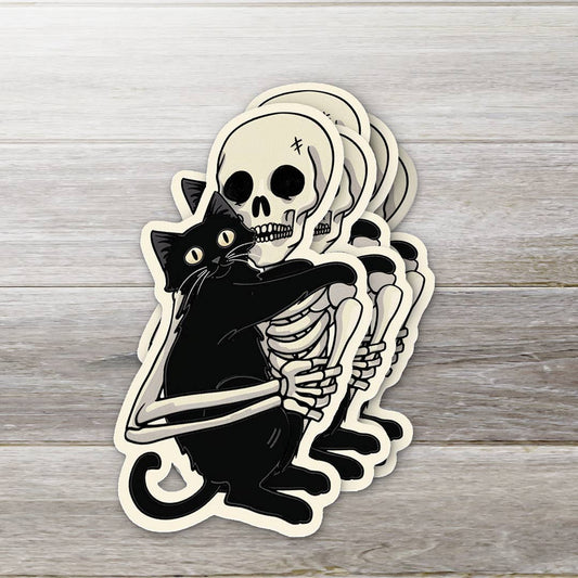 Skeleton Loving His Black Cat Sticker