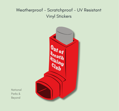 Out of Breath Hiking Club Inhaler 3" Tall Vinyl Sticker