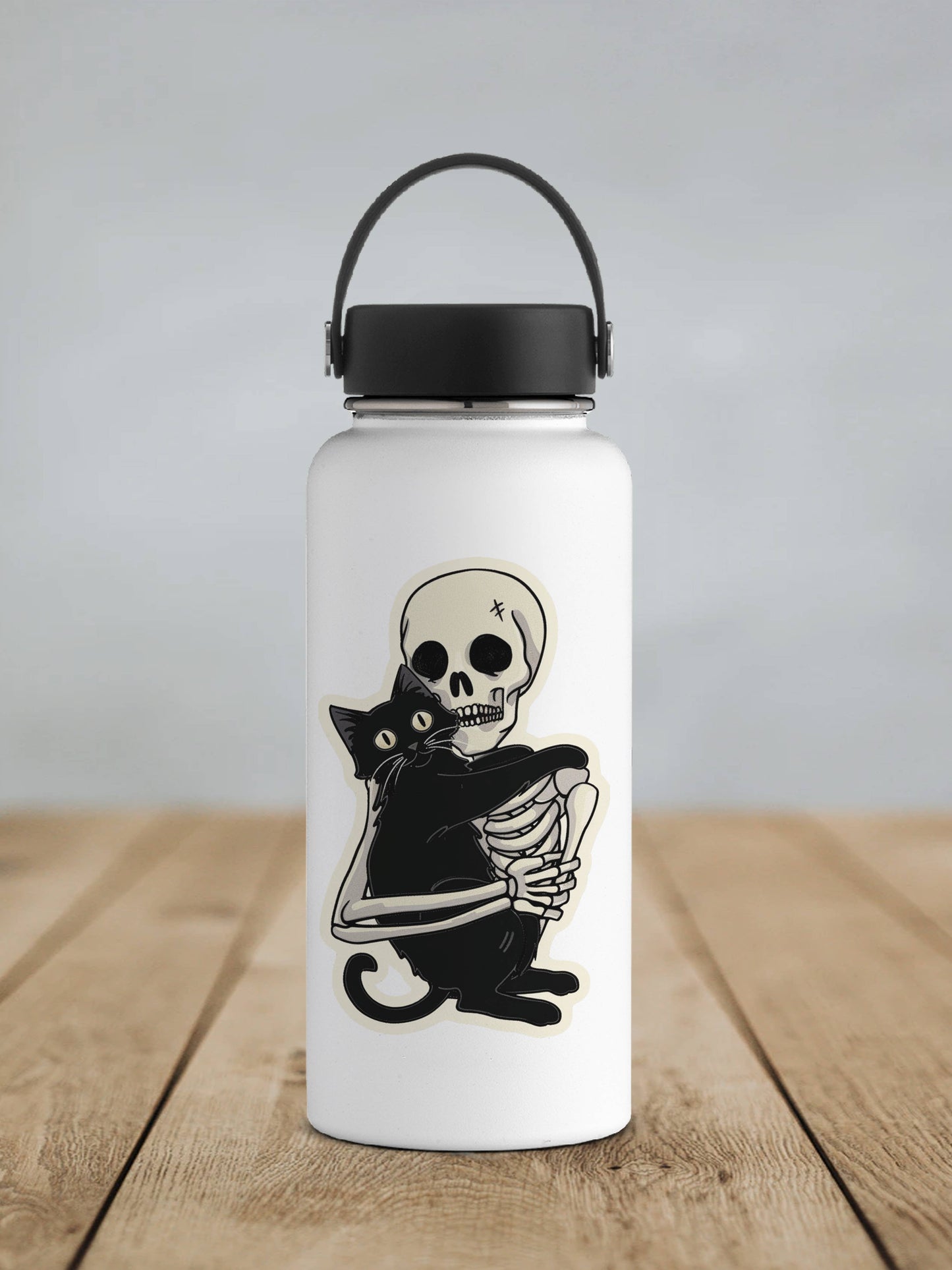 Skeleton Loving His Black Cat Sticker