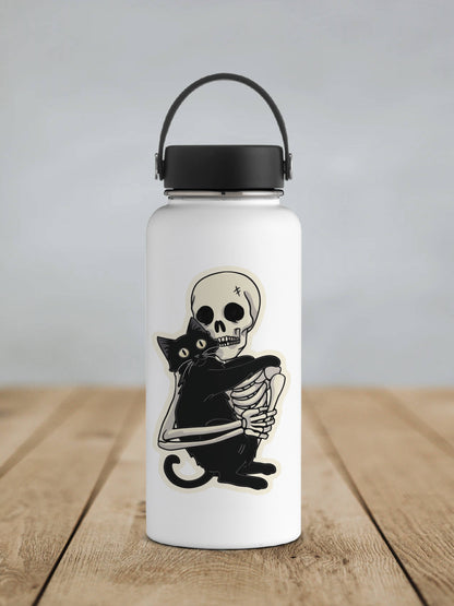 Skeleton Loving His Black Cat Sticker