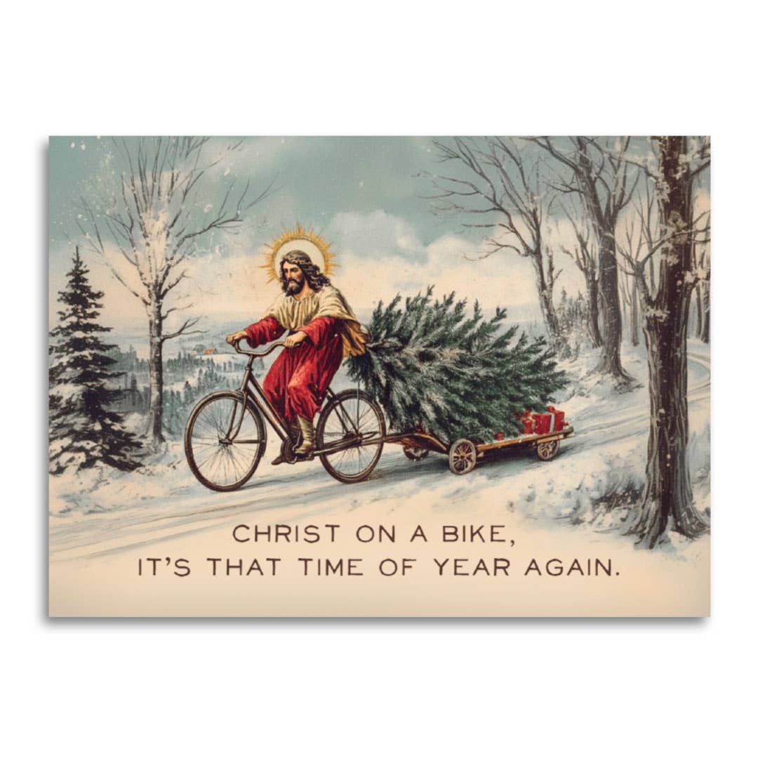 Funny Vintage Christmas Card - Christ on a Bike