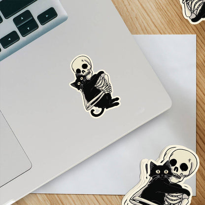 Skeleton Loving His Black Cat Sticker