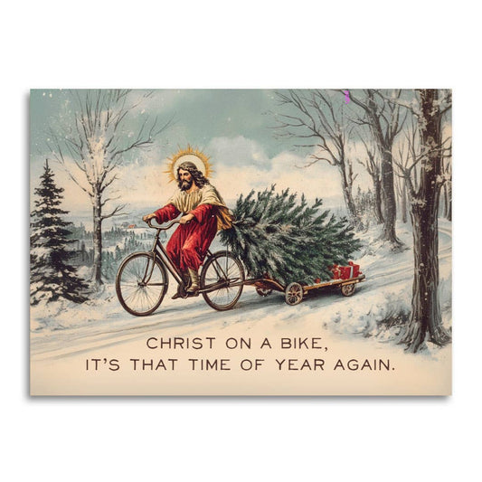 Funny Vintage Christmas Card - Christ on a Bike
