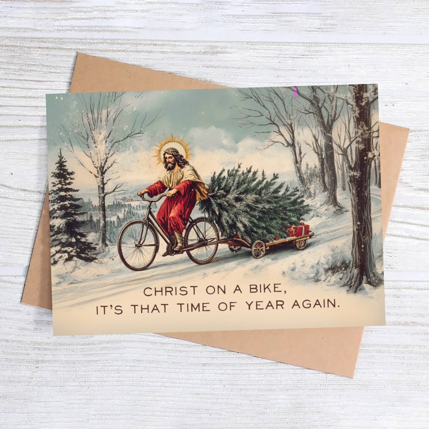 Funny Vintage Christmas Card - Christ on a Bike